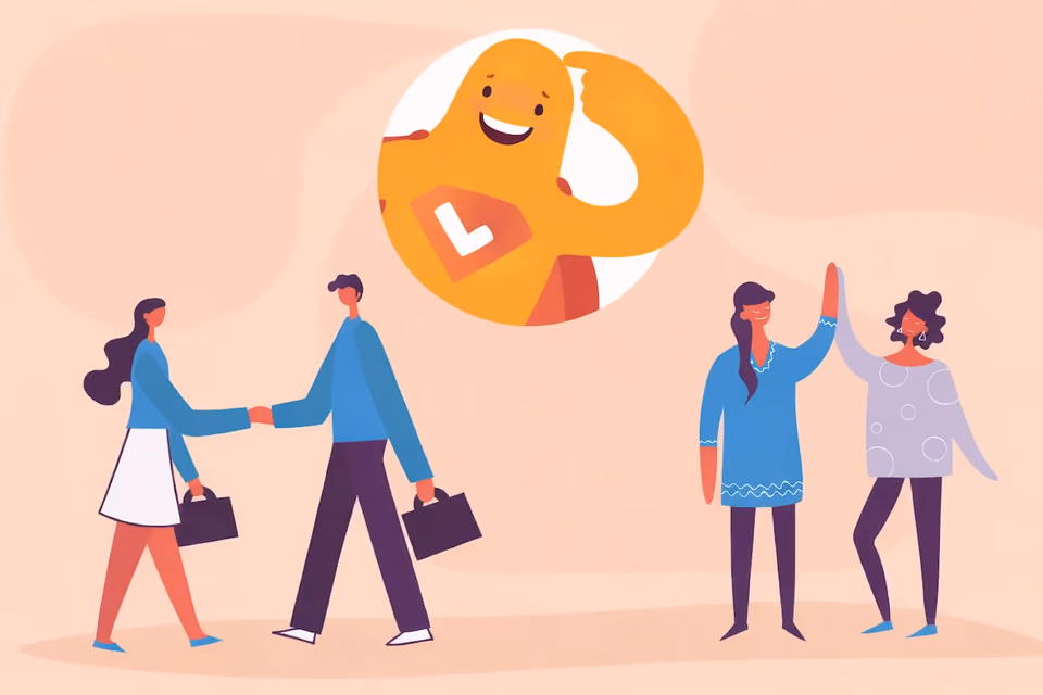 Illustration showing business professionals shaking hands and consumers high-fiving, representing the differences between B2B and B2C surveys.