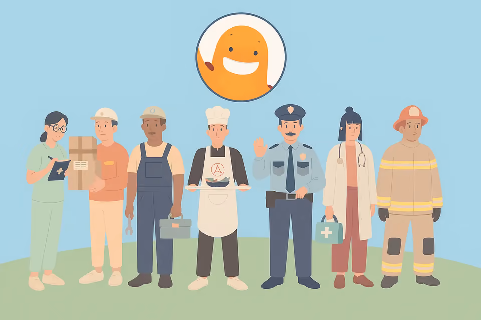 Illustration of various professionals—including a doctor, firefighter, police officer, and construction worker—standing together beneath a smiley face, symbolizing career paths and testing choices. This illustration is ideal for use in career testing surveys, assessments, or guidance tools that help users explore suitable professions.