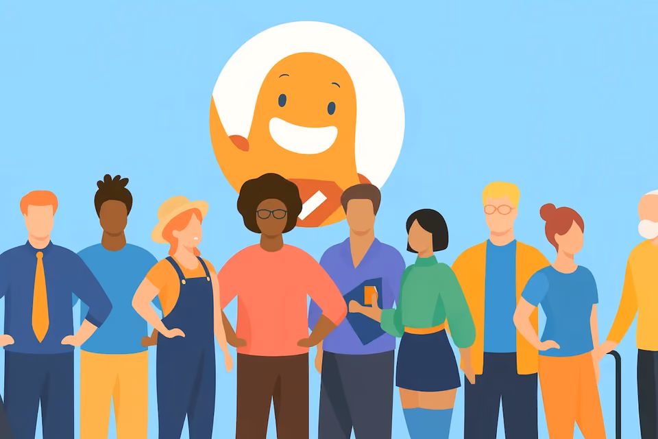 Illustration of a diverse group of people standing together with the SurveyLegend mascot in the background, representing customer segments and buyer personas created through surveys.