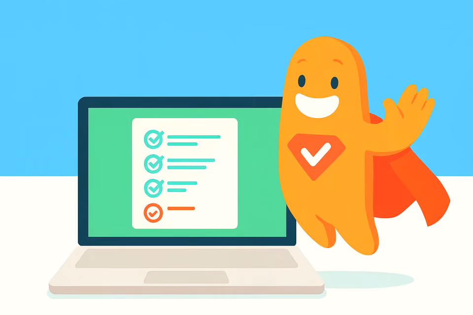 SurveyLegend mascot standing next to a laptop displaying a completed checklist, symbolizing honesty, accuracy, and trust in survey responses.