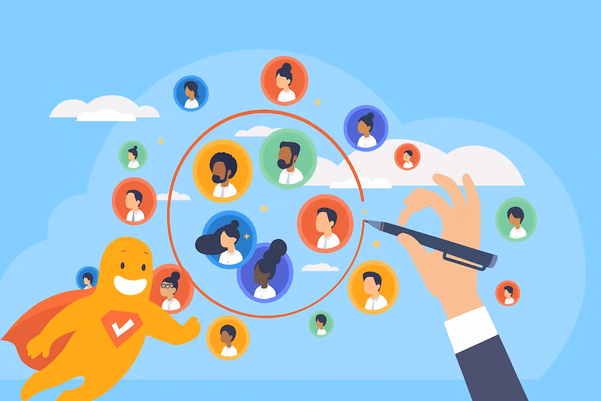 Illustration of market segmentation showing diverse customer profiles grouped into targeted segments using a magnifying glass.