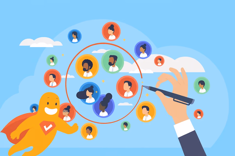 Illustration of market segmentation showing diverse customer profiles grouped into targeted segments using a magnifying glass.