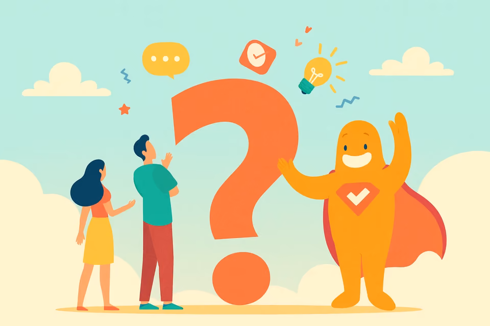 Illustration of two people and the SurveyLegend mascot standing beside a large question mark, symbolizing curiosity and creativity in open-ended survey questions.