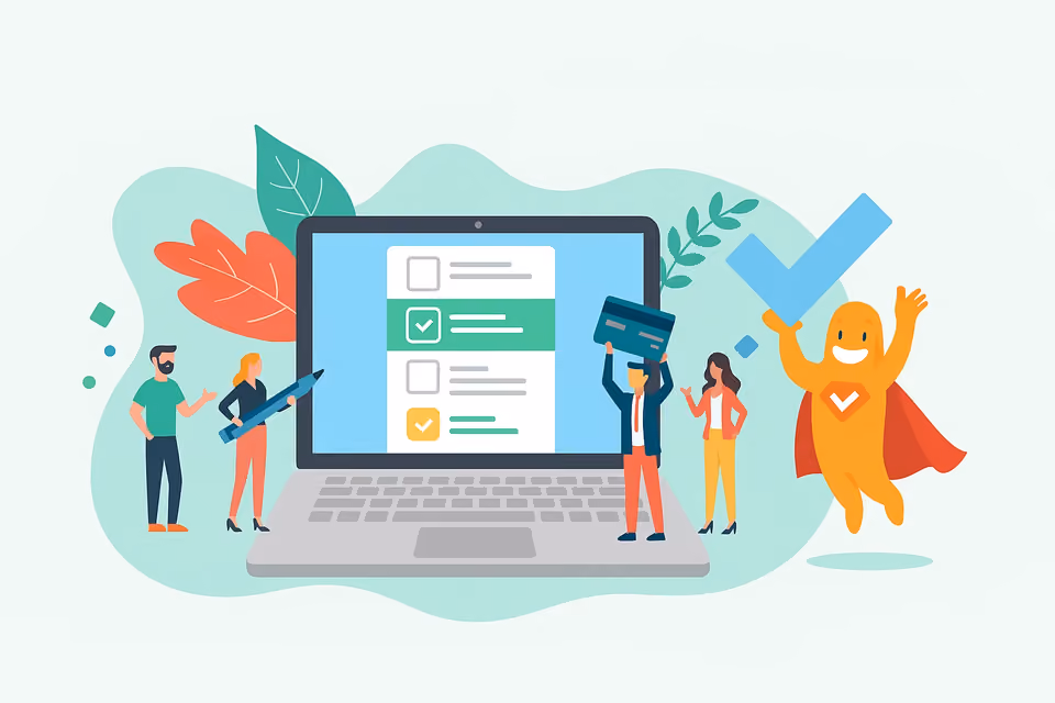 Team designing a SMART survey on a laptop with checklist items and the SurveyLegend mascot celebrating successful survey design.