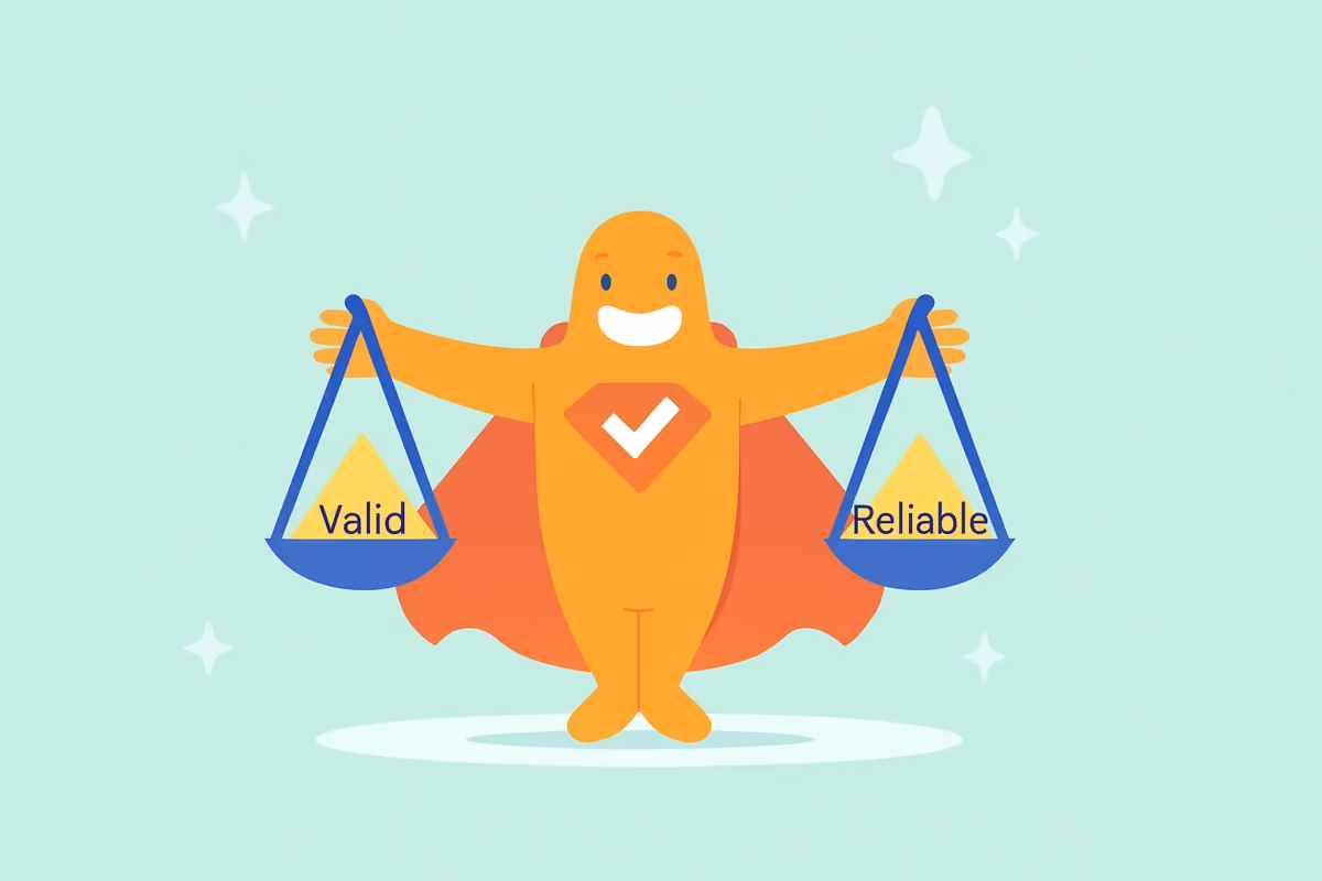 Illustration of SurveyLegend character holding balanced scales labeled Valid and Reliable, representing the difference between survey validity and reliability in research.