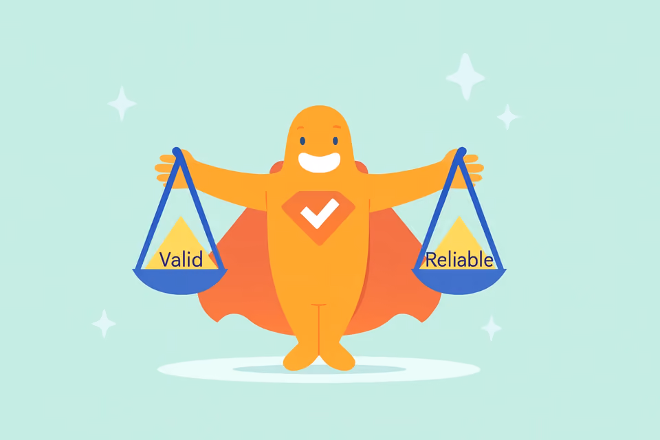 Illustration of SurveyLegend character holding balanced scales labeled Valid and Reliable, representing the difference between survey validity and reliability in research.