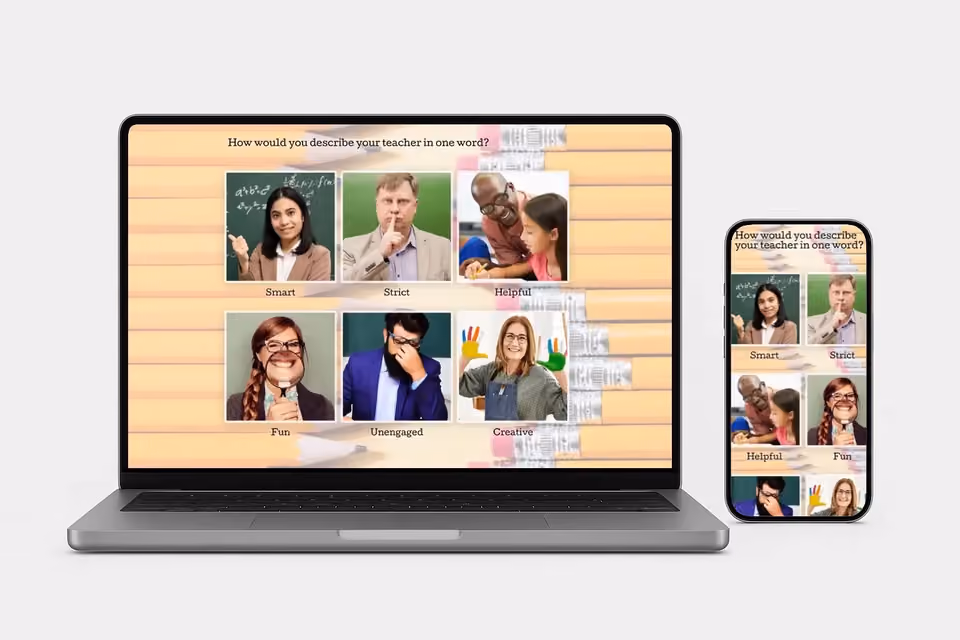 Laptop and smartphone displaying student survey results with photos of diverse students, highlighting digital tools used to collect classroom feedback and improve learning experiences.