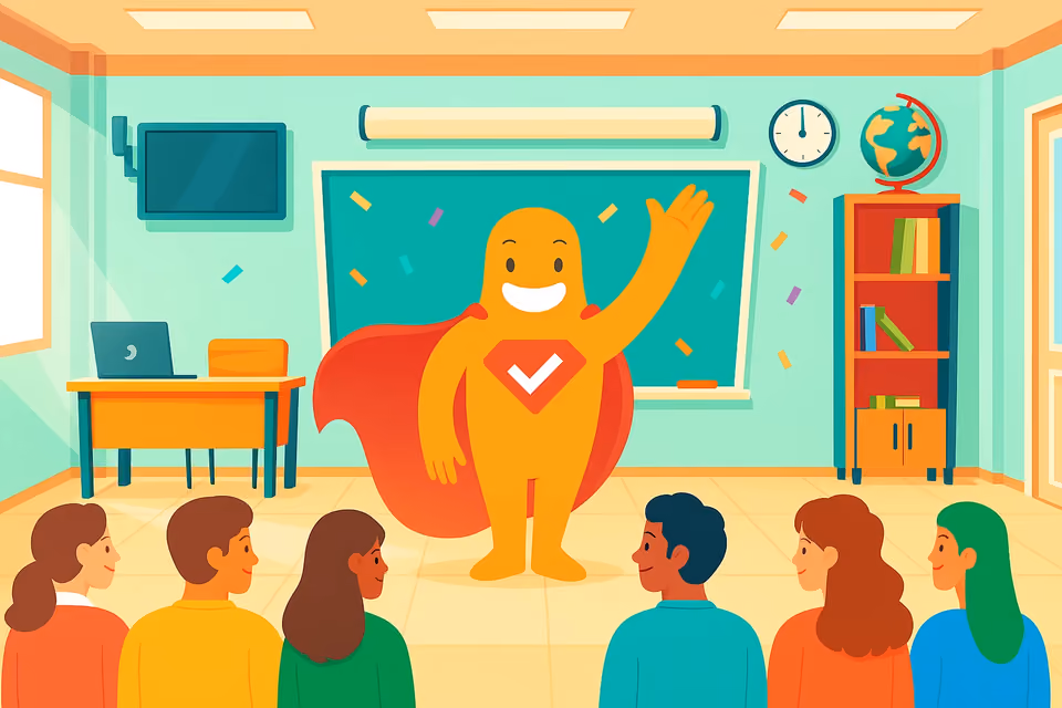 Illustration of cheerful teacher character engaging students, symbolizing teacher support and educational communication.