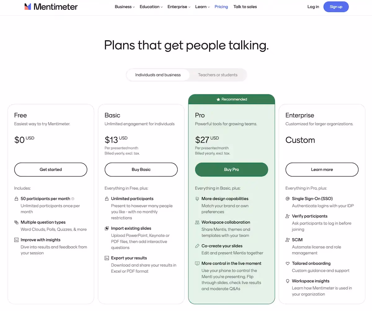 Mentimeter pricing page