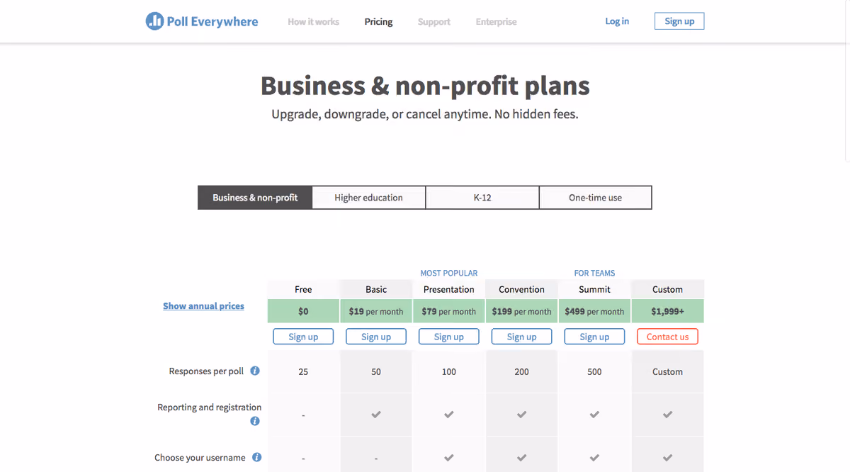 Poll Everywhere pricing page