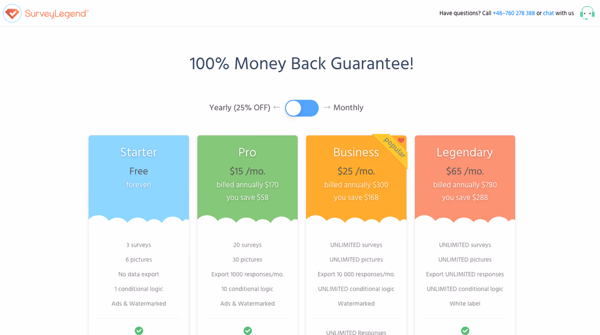 SurveyLegend pricing page