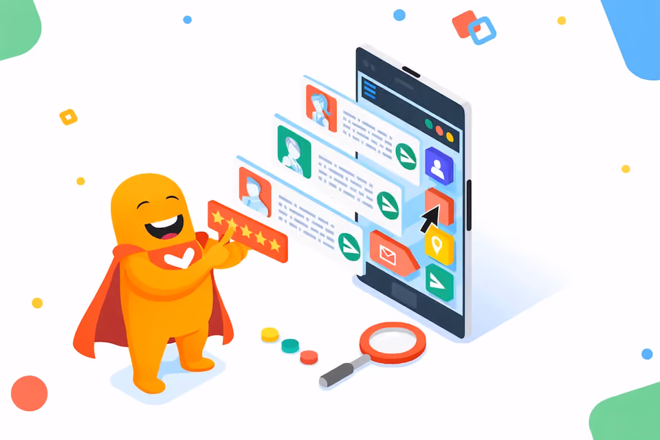 Illustration of the SurveyLegend mascot holding a five-star rating next to a large smartphone showing live poll and Q&A responses.