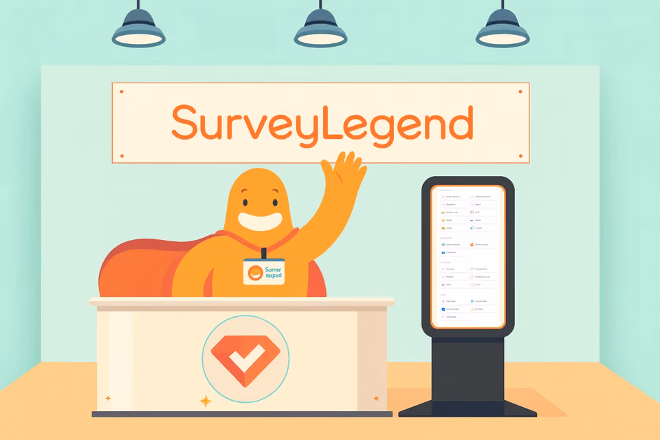 Illustration of the SurveyLegend mascot at a trade show booth with a digital survey kiosk, representing exhibitor feedback collection and event engagement.