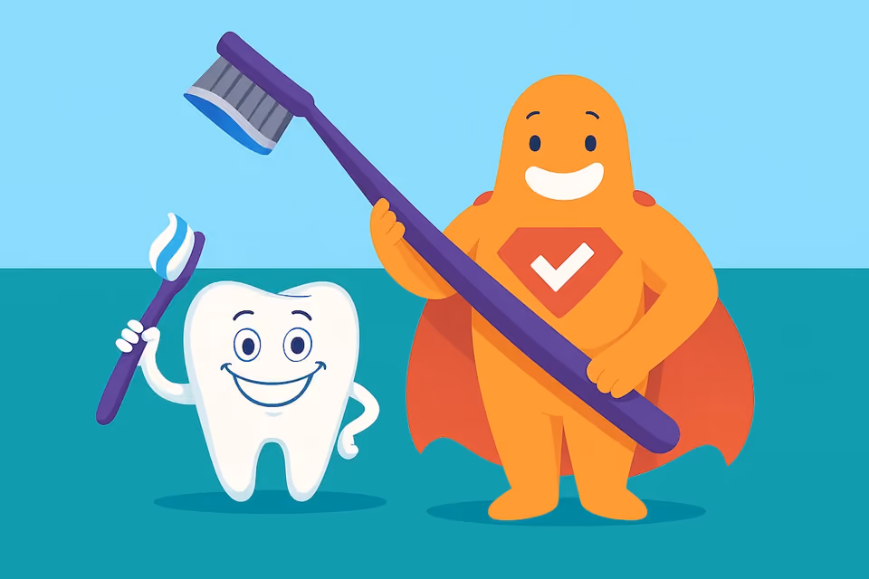 Smiling cartoon tooth holding a toothbrush next to an orange mascot character dressed as a superhero holding an oversized toothbrush, set against a bright dental-themed background.