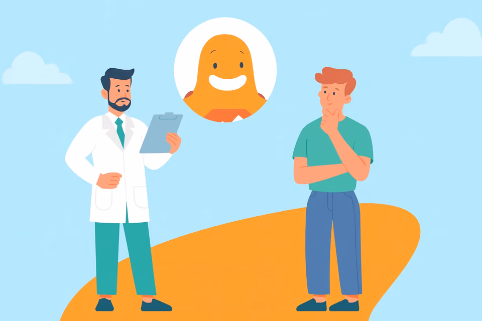 Illustration of a doctor consulting a patient about mental health with the SurveyLegend mascot symbolizing support and awareness.