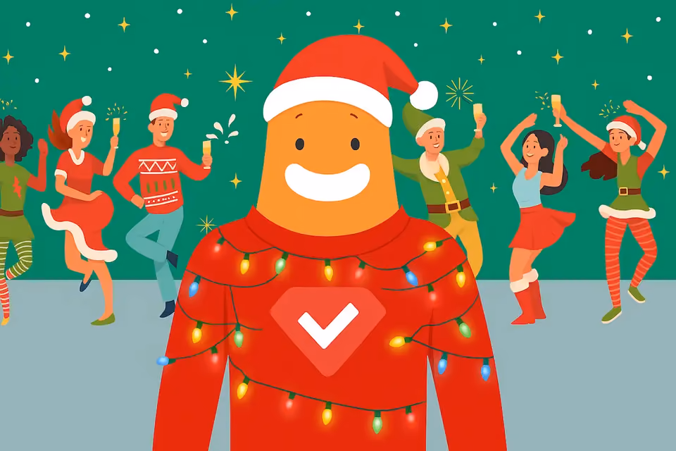 SurveyLegend mascot in a Santa hat and Christmas lights at an office holiday party with coworkers dancing and celebrating.