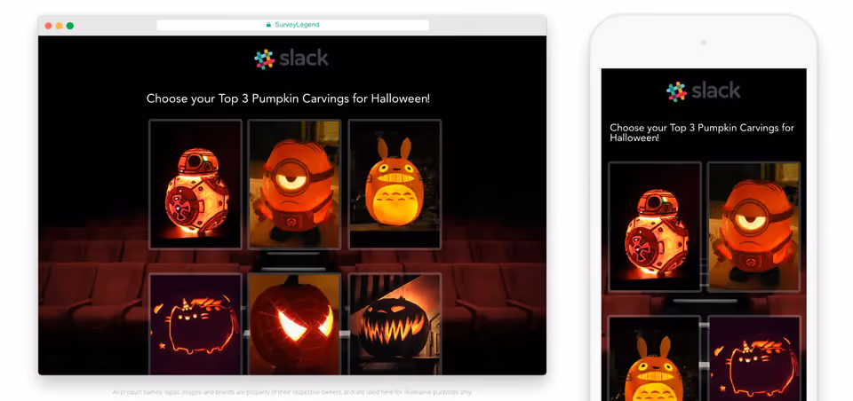 Screenshot of a SurveyLegend Halloween pumpkin carving contest survey displayed on desktop and mobile, showing image-based voting options for pumpkin designs.
