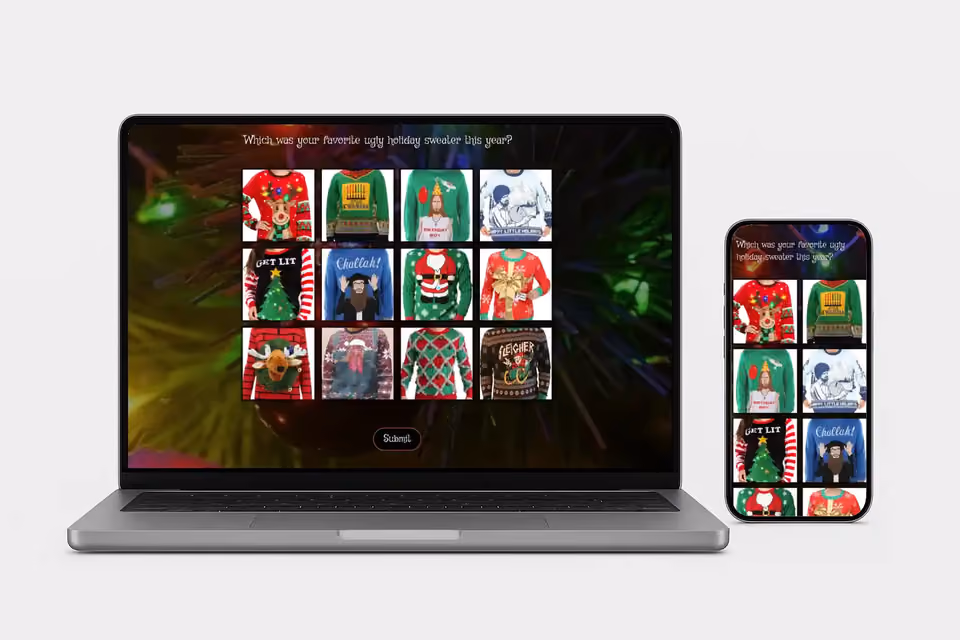 SurveyLegend image-based ugly sweater contest survey displayed on laptop and mobile devices, showing colorful Christmas sweater options for voting.