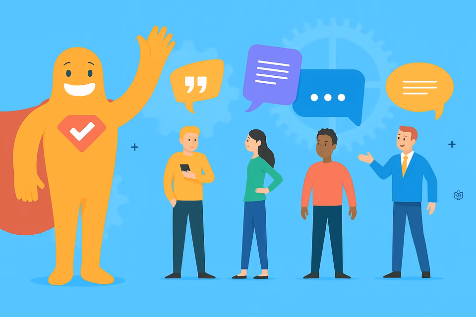 Illustration of four diverse people talking with a mascot character, symbolizing different types of leading and biased survey questions.