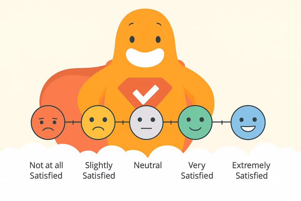 SurveyLegend character with a five-point Likert scale showing faces from sad to happy labeled Not at all Satisfied to Extremely Satisfied.