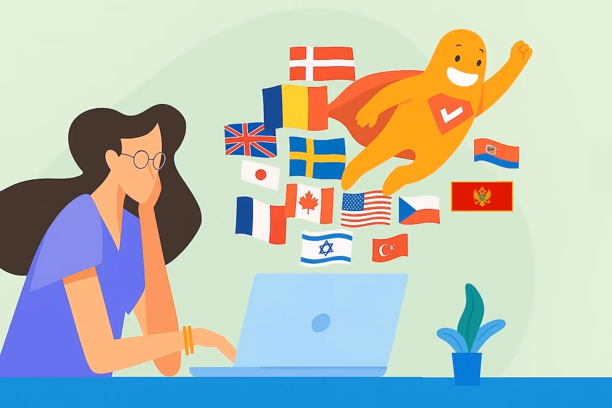 Illustration of a woman working on a laptop while the SurveyLegend mascot flies above her surrounded by various international flags, representing multilingual survey creation.
