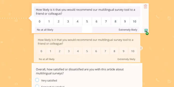 this picture shows an example of questions which are originally made in English, which are duplicated and being translated by the survey creator.