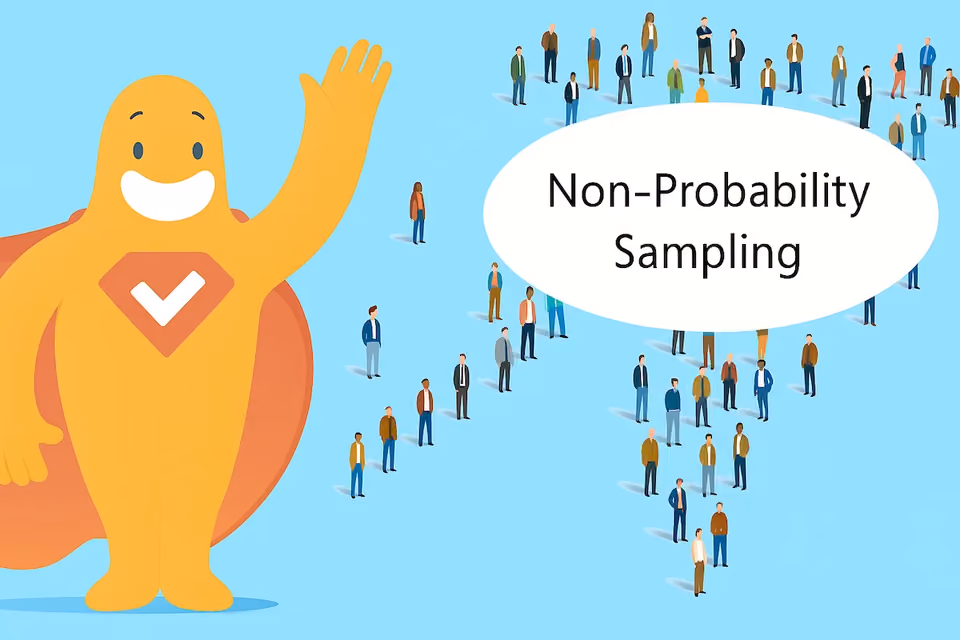 SurveyLegend character waving beside diverse groups of people forming an arrow shape with the text “Non-Probability Sampling” in the center.