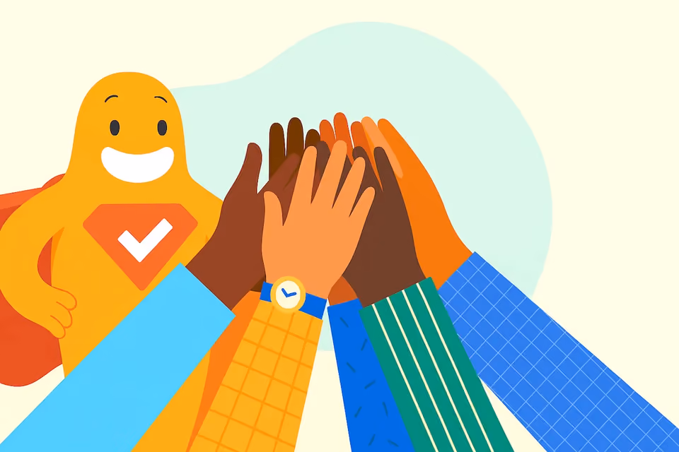 Illustration of diverse hands coming together for a group high-five, with the SurveyLegend mascot smiling beside them, symbolizing diversity, equity, and inclusion.
