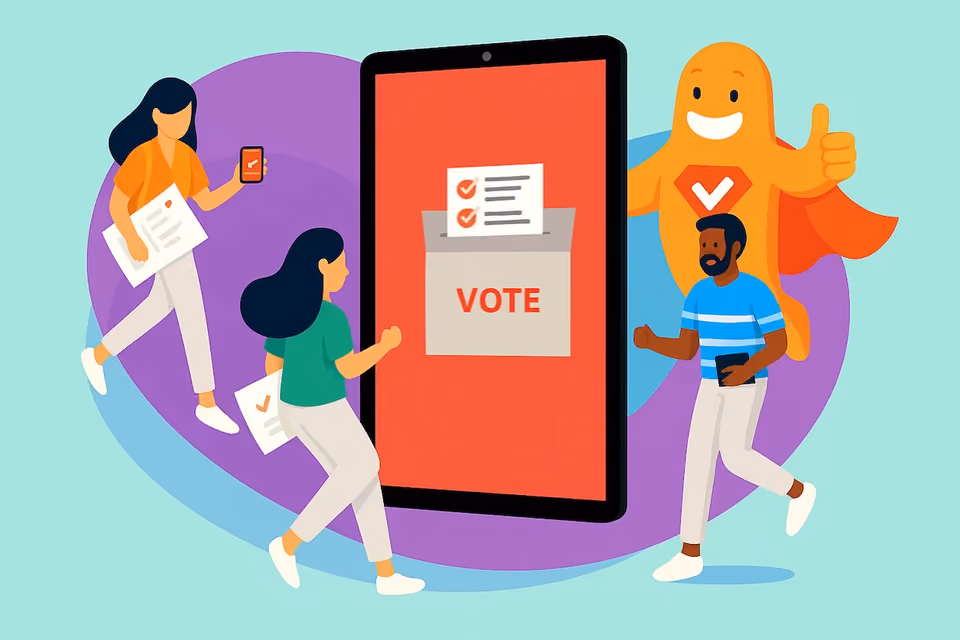 Students walking toward a large digital voting screen labeled “VOTE,” with the SurveyLegend mascot giving a thumbs up, representing digital fraternity and sorority surveys.