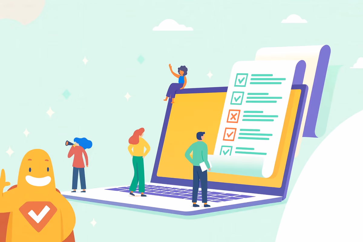 Illustration of people designing a fun online survey on a laptop with the SurveyLegend mascot, representing engaging and creative survey creation.