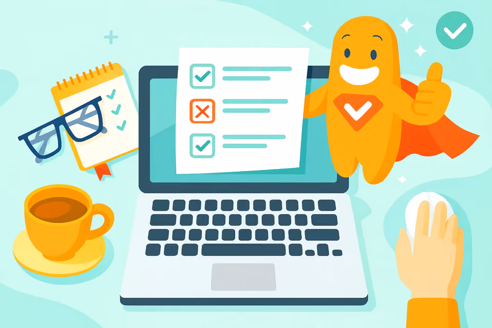 Illustration of online survey advantages with a checklist on a laptop, SurveyLegend mascot giving a thumbs up, coffee cup, glasses, and digital workspace icons.