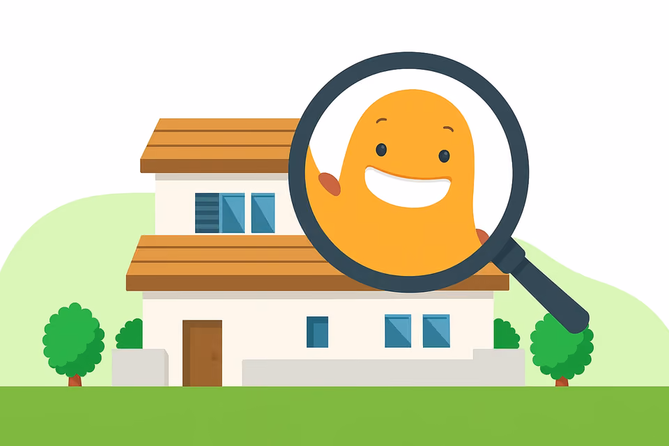 Illustration of a house with a smiling magnifying glass icon representing real estate survey questions.