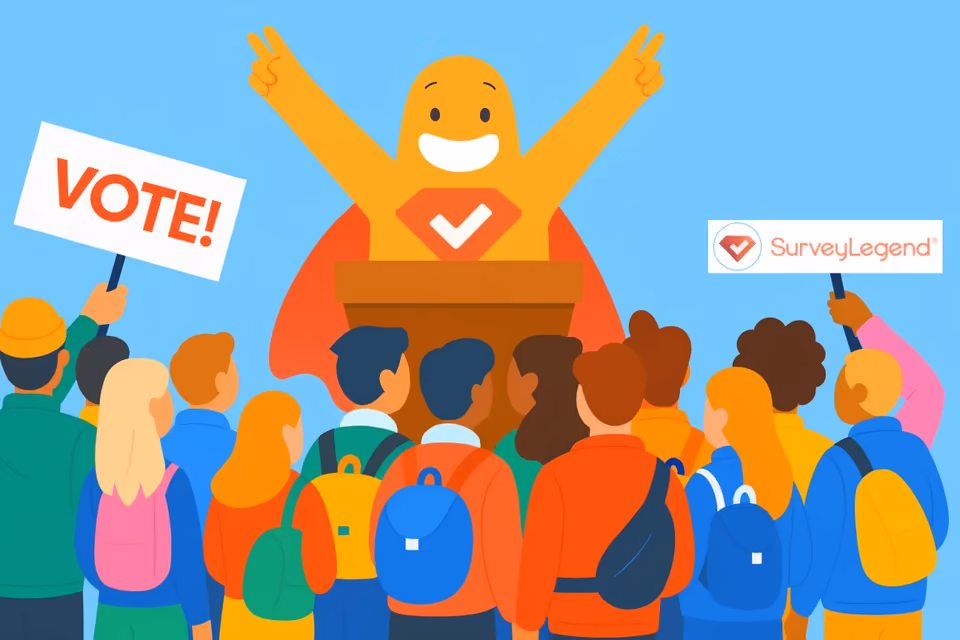 SurveyLegend mascot giving a political speech to a diverse crowd holding a VOTE sign, symbolizing democratic participation in political surveys