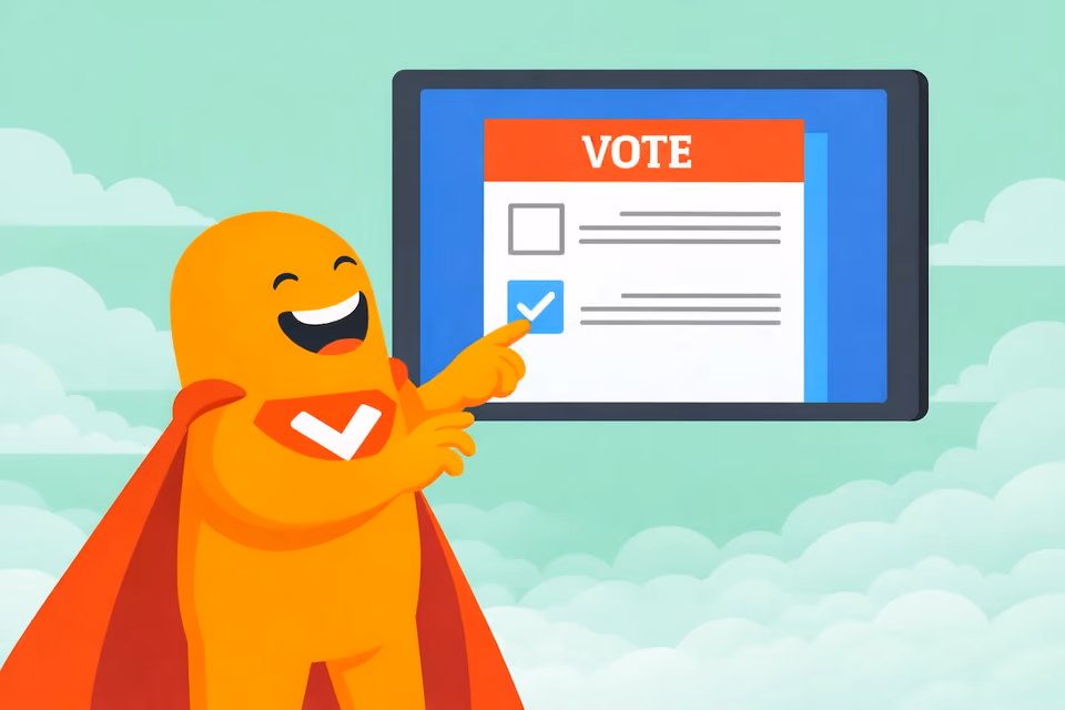 Illustration of the SurveyLegend mascot pointing at an online voting ballot displayed on a screen, showing a checked vote option.