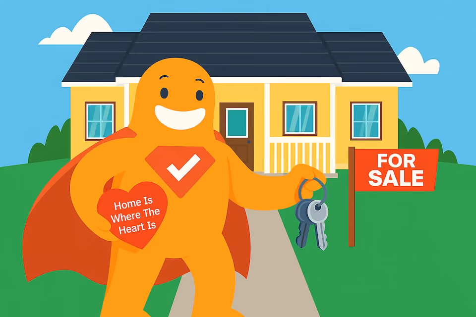 Illustration of the SurveyLegend mascot holding house keys in front of a home with a “For Sale” sign, representing homebuyer and seller surveys in real estate.