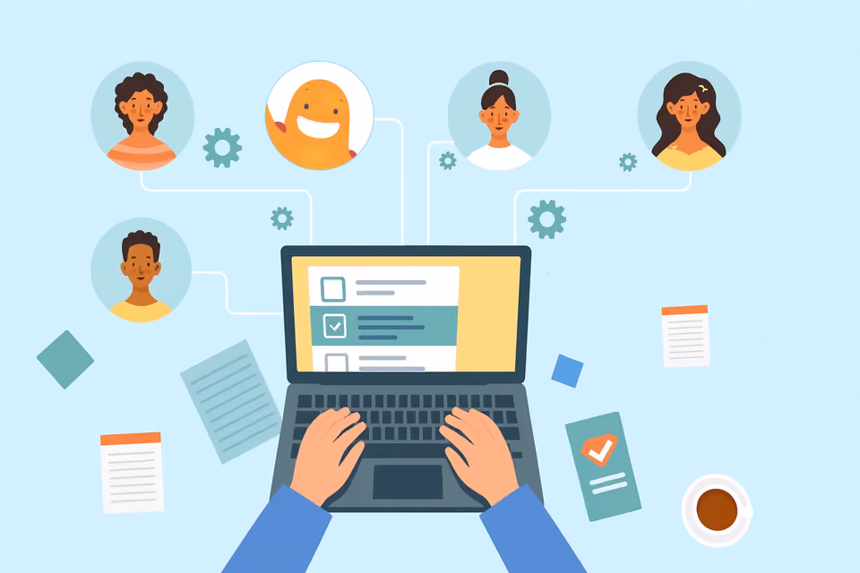 Hands typing on a laptop with connected expert profiles and survey forms, representing the Delphi method and collaborative consensus building in research.