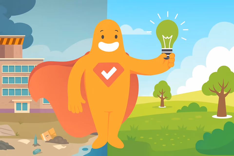 SurveyLegend mascot holding a glowing green lightbulb with split background showing polluted city and clean green environment