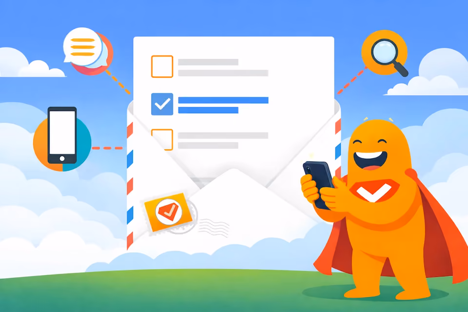 Illustration of the SurveyLegend mascot collecting online feedback through a survey envelope with checklist items, mobile phone, and feedback icons.