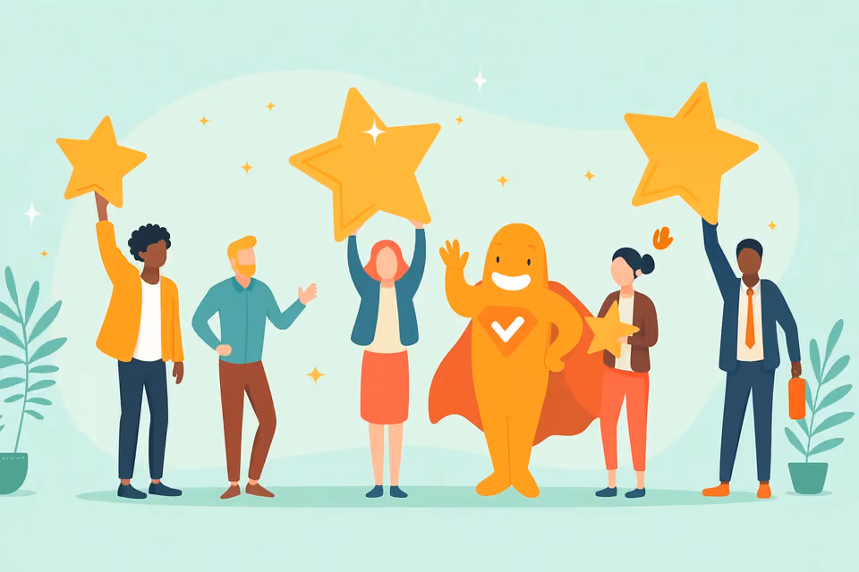 Illustration of diverse professionals and the SurveyLegend mascot holding stars, symbolizing excellence and credibility in academic survey citation across APA, MLA, and Chicago styles.