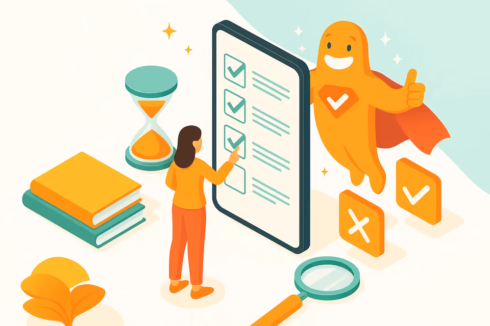 Illustration of a woman checking off survey questions on a large digital form with SurveyLegend mascot giving a thumbs up, surrounded by books, an hourglass, and magnifying glass.