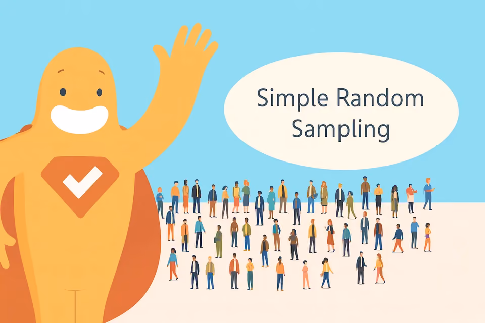 Illustration of a smiling orange SurveyLegend character waving beside a diverse group of people standing together under a speech bubble that reads “Simple Random Sampling.”