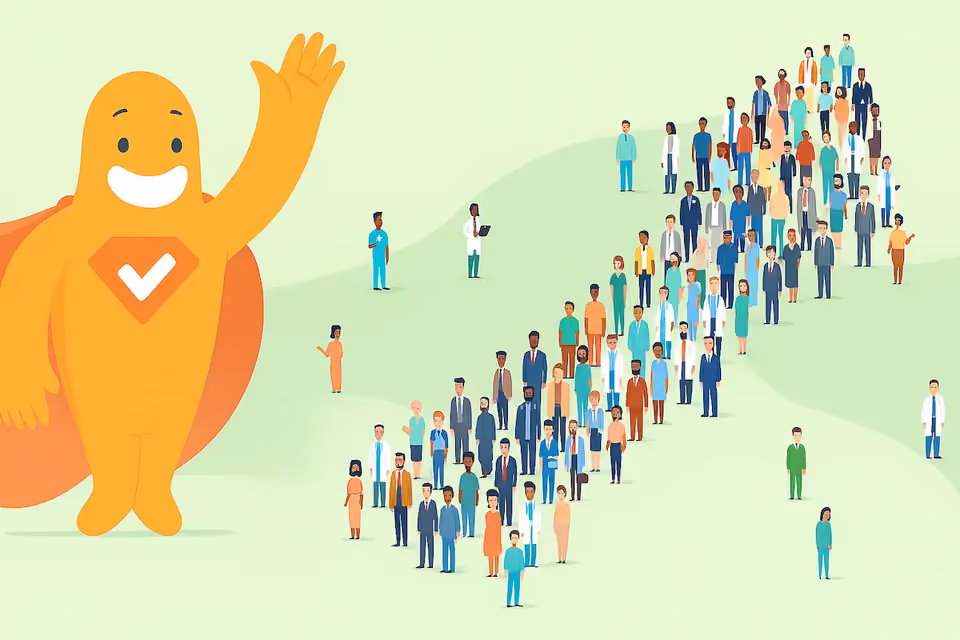 Illustration of SurveyLegend character waving beside a diverse group of people forming an upward arrow, symbolizing cross-sectional survey data analysis.