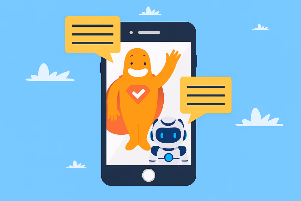 SurveyLegend mascot and robot inside a smartphone exchanging chat bubbles to represent AI-powered survey conversations