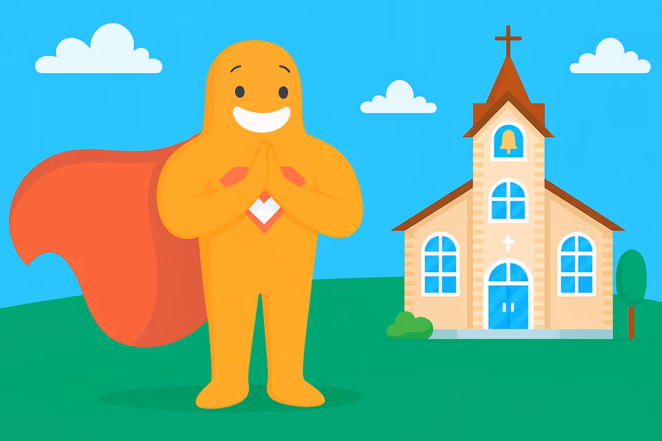 Illustration of a cheerful mascot character standing beside a church, representing a church and community-focused survey with SurveyLegend
