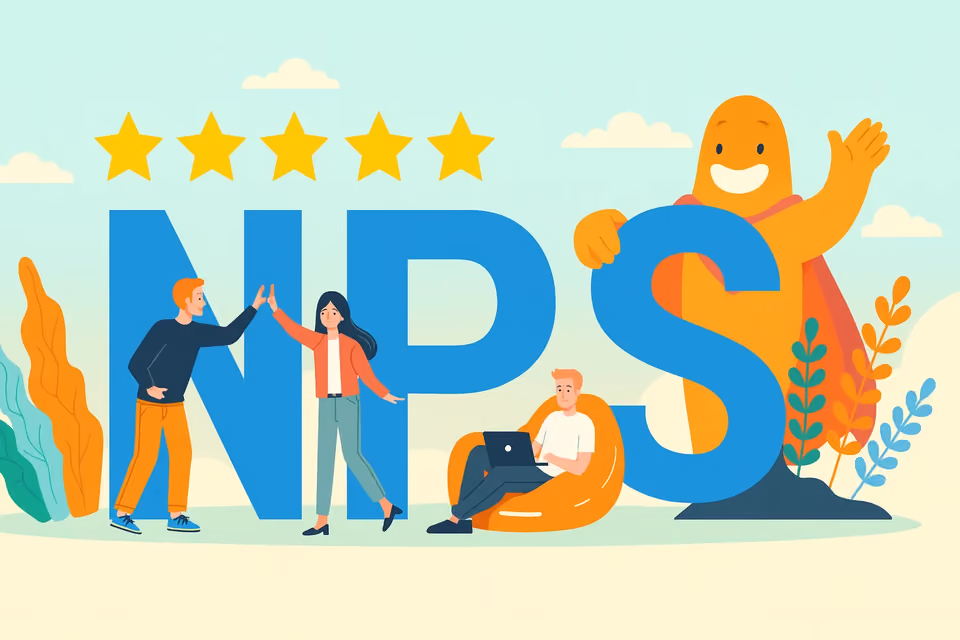 Illustration of people and the SurveyLegend mascot with large NPS letters and star ratings, symbolizing customer satisfaction and Net Promoter Score surveys.