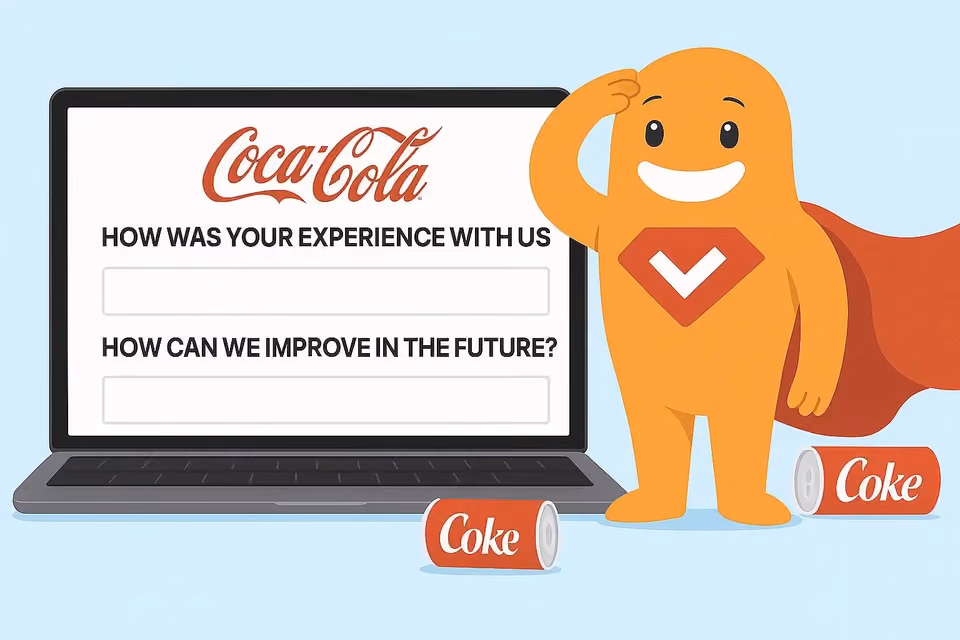 feedback survey on a laptop screen with a friendly cartoon mascot that belongs to SurveyLegend asking about user experience and future improvements.