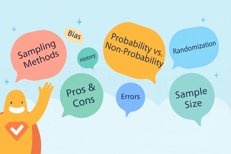 Illustration showing key concepts of survey sampling including bias, randomization, sample size, and probability vs non-probability sampling.