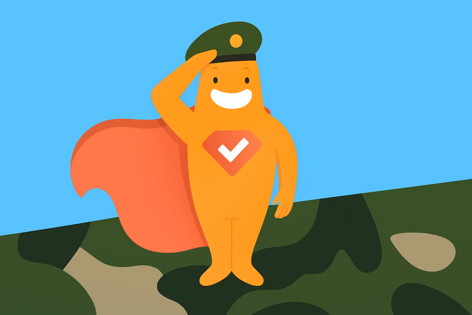 Illustration of the SurveyLegend mascot wearing a military hat and saluting, symbolizing leadership, service, and military survey research.