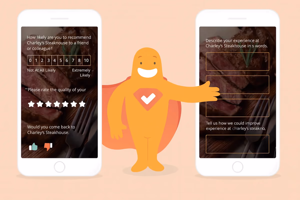 SurveyLegend mascot with two smartphones displaying a quantitative survey with rating scales and a qualitative survey with open-ended questions
