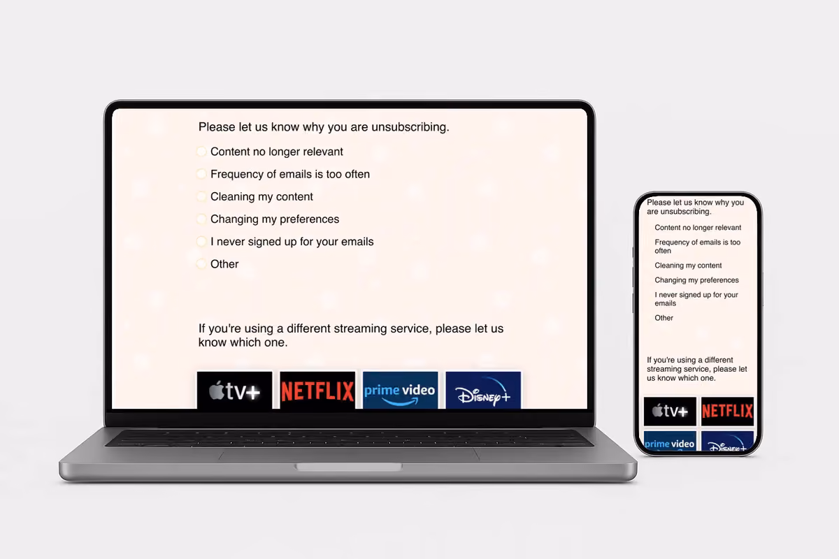 Laptop and smartphone showing unsubscribe survey asking users why they are opting out, including email frequency and content relevance
